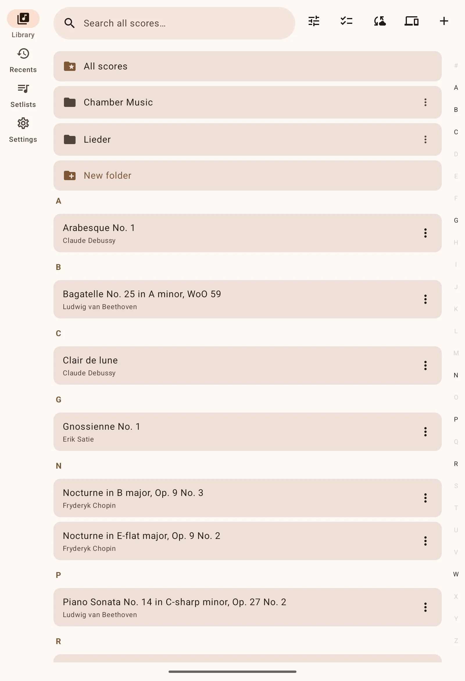 Lectern's library on an Android tablet: folders, then scores listed by title and composer