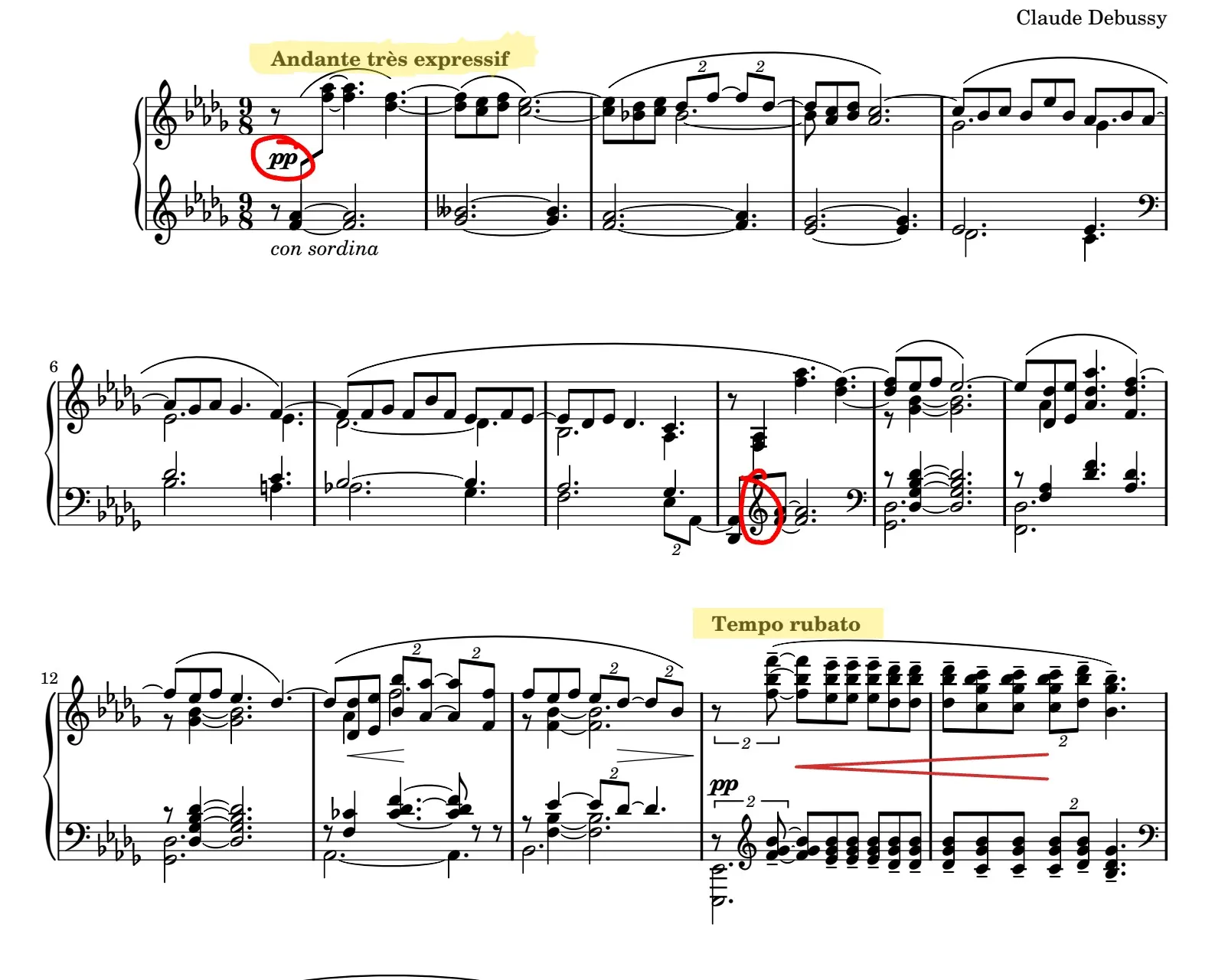 Debussy's Clair de lune in Lectern with a circled dynamic, a highlighted tempo marking and a drawn crescendo hairpin